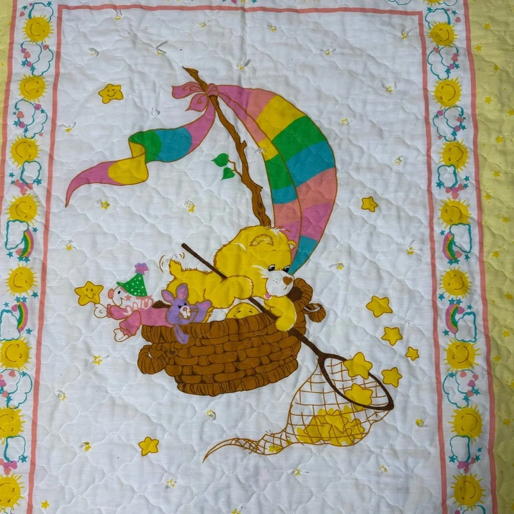 Handmade Vintage Care Bear Sunshine Bear Quilt Baby Toddler Kid Blanket Bedding
